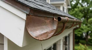 Copper half round gutter system installed on house roof edge